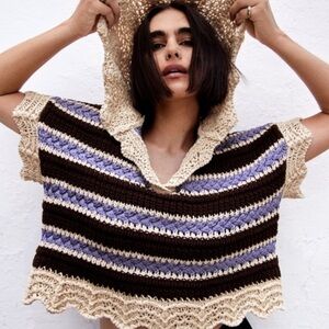 ZARA Striped Crochet Hooded Sweater Size M